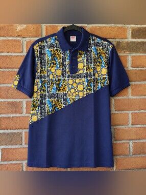 Men’s African Print Polo Shirt – Navy Blue with Vibrant Patchwork Pattern